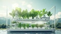 a hydroponics rack supporting a water field where vegetables thrive in a greenhouse, in a minimalist modern style Royalty Free Stock Photo