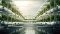 a hydroponics rack supporting a water field where vegetables thrive in a greenhouse, in a minimalist modern style Royalty Free Stock Photo