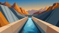 The hydropower canal s through the rocky mountain terrain its smooth surface reflecting the sunlight and providing a