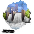 Hydropower digital art illustration isolated on white. Dam building, alternative sources of energy, environmental clean