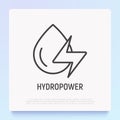 Hydropower: water drop with energy symbol. Thin line icon. Modern vector illustration of renewable energy