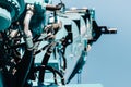 Hydrostatic crane engine.The control system of the crane engine.Lifting hydraulic Department on the truck crane.The hydraulic Royalty Free Stock Photo