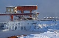 A hydrotechnical structure-a dam-on a frosty winter day Royalty Free Stock Photo