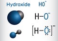 Hydroxide anion. Structural chemical formula and molecule model