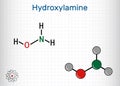 Hydroxylamine, NH2OH molecule. It is inorganic compound, used in organic synthesis and as a reducing agent, due to its ability to