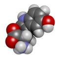 5-Hydroxytryptophan amino acid molecule. 3D rendering. Atoms are represented as spheres with conventional color coding: hydrogen