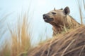 hyena on a hillside, jaws open, vocalizing