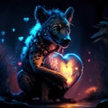 Hyena hugging heart Neon portrait of hyena with heart. Valentine\'s Day. AI Generated animal ai