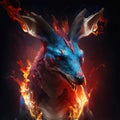 hyena in red and blue flamed dark background. Ai generated