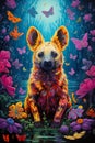 Hyena standing in a field of flowers, AI-generated.