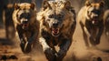 Hyenas in wild nature, running on camera. Action wildlife scene with dangerous animal