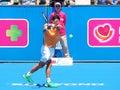 Hyeon Chung of South Korea at an Exhibition and practice match high backhand