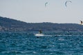 Hyeres, Almanarre beach, France, July 10, 2021. Extreem water sport - wing foil, kite surfing, wind surfindg, windy day on