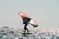 Hyeres, Almanarre beach, France, July 10, 2021. Extreem water sport - wing foil, kite surfing, wind surfindg, windy day on