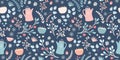 Hygge Autumn and winter pattern border design. Cute and cosy vector seamless repeat banner.