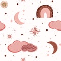 Hygge bakground. Hygge Autumn and winter pattern. Cute and cosy vector seamless pattern. Illustration of moon, clouds, rainbow and