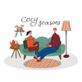 Hygge card with happy couple. Cozy home, stay home concept. Linear hand drawn vector illustration for poster, sticker
