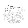 Hygge card with happy couple. Cozy home, stay home concept. Linear hand drawn vector illustration for poster, sticker
