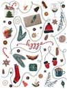 Hygge christmas collection of festive holiday items. raster seasonal christmas set with pine trees, santa`s socks, mittens etc