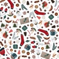 Hygge christmas seamless pattern with cute and cozy christmas items on a white background. dark xmas wrapping paper.