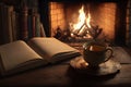 Hygge concept with open book and cup of tea near burning fireplace Royalty Free Stock Photo