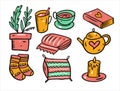 Hygge and cozy home set objects. Hand drawn doodle style. Royalty Free Stock Photo