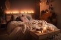 hygge-inspired bedroom, with cozy bedding, warm lighting, and candles