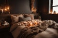 hygge-inspired bedroom, with cozy bedding, warm lighting, and candles