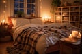 hygge-inspired bedroom with soft lighting and textiles