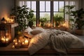 a hygge-inspired minimalist bedroom with candles and plants