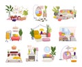 Hygge interiors collection with stylish comfy furniture and scandinavian home decorations vector illustration set. Cozy