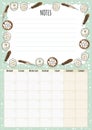 Hygge monthly calendar with boho elements and notes to do list. Lagom scandinavian planner. Cute cartoon style hygge template for