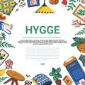 Hygge. Scandinavian lifestyle frame template. Illustration cozy home things like pillow, plants, furniture and copyspace