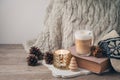 Hygge Scandinavian style concept with latte macchiato coffee cup