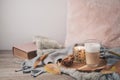 Hygge Scandinavian style concept with latte macchiato coffee cup