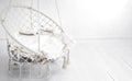 Hygge scene with hammock chair on white background. Cozy place for weekend relax in the room