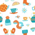 Hygge seamless pattern in vector. Cute illustration of autumn and winter hygge elements on white background