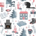 Hygge seamless pattern. Vector illustration with forest plants and cozy home things