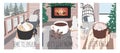 Hygge set of three cute cards of winter vibes and person enjoying moment with mug and hot drink. Cozy interior