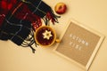 Hygge Style Autumn Flat Lay with Woolen Scarf Red Apples Yellow Mug with Berry Tea and Letter Board with Autumn Vibe Messsage