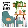 Hygge time is the best time postcard. Cat on a stool in scandic stylish room interior. Home lagom decorations. Cozy season. Modern