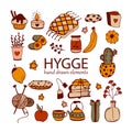 Hygge time. Cute illustrations with cozy items.