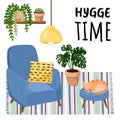 Hygge time postcard. Cat on a stool in scandic stylish room interior. Home lagom decorations. Cozy season. Modern comfy apartment