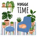 Hygge time postcard. Cat on a stool in scandic stylish room interior. Home lagom decorations. Cozy season. Modern comfy apartment