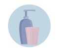 Daily hygiene. Bottle with mouth rinse or liquid soap dispenser, plastic cup for liquids. Bathroom items.