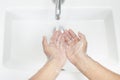 Hygiene. Cleaning Hands. Washing hands with soap under the faucet with water Pay dirt