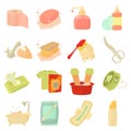 Hygiene cleaning icons set, cartoon style