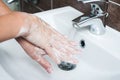 Hygiene concept. Washing hands with soap under the faucet with water