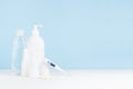 Hygiene cosmetic products, pharmacy remedies for prevent, therapy disease, care of body, cleansing skin in white plastic bottles. Royalty Free Stock Photo