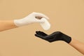 Hygiene. Female Hand In Glove Giving Soap Bar On Beige Background. Personal Hygiene Routine As COVID-19 Virus Prevention